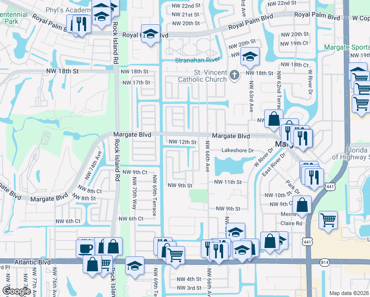 map of restaurants, bars, coffee shops, grocery stores, and more near 6750 Northwest 11th Court in Margate