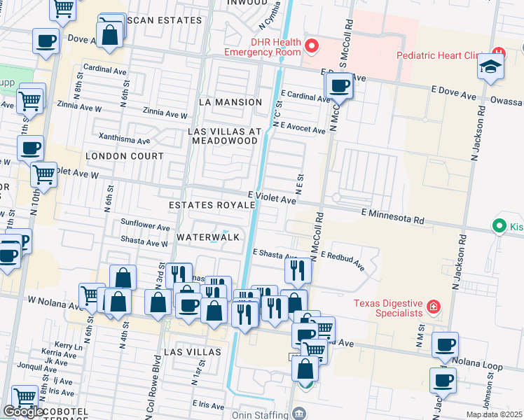 map of restaurants, bars, coffee shops, grocery stores, and more near 401 East Tulip Avenue in McAllen