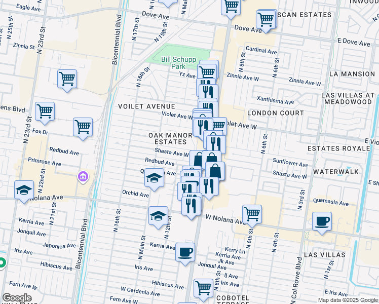 map of restaurants, bars, coffee shops, grocery stores, and more near 1101 Shasta Avenue in McAllen