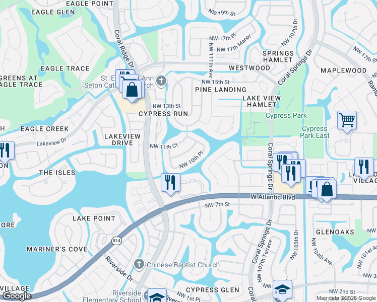 map of restaurants, bars, coffee shops, grocery stores, and more near 11171 Northwest 10th Place in Coral Springs