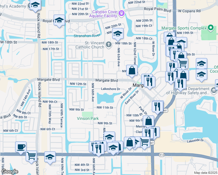 map of restaurants, bars, coffee shops, grocery stores, and more near 6401 Lakeshore Drive in Margate