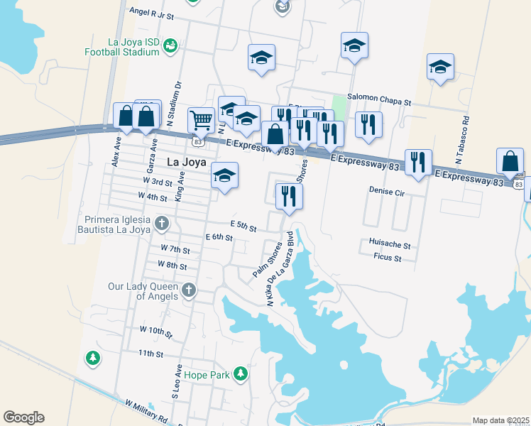 map of restaurants, bars, coffee shops, grocery stores, and more near 220 Coyote Avenue in La Joya