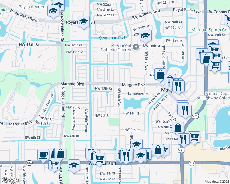 map of restaurants, bars, coffee shops, grocery stores, and more near 1150 Northwest 66th Terrace in Margate