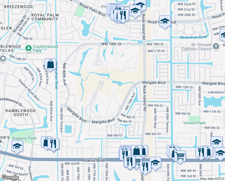 map of restaurants, bars, coffee shops, grocery stores, and more near 627 Golf Circle Drive in Margate