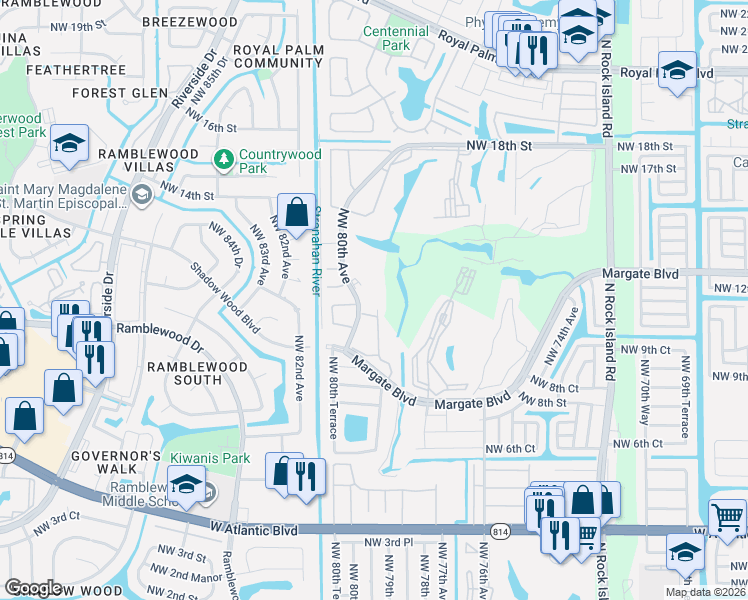 map of restaurants, bars, coffee shops, grocery stores, and more near 1061 Northwest 80th Avenue in Margate