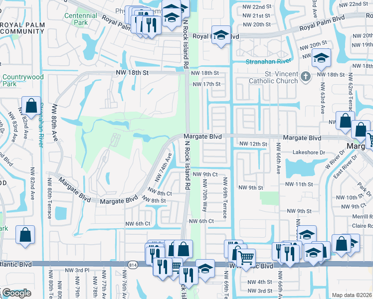 map of restaurants, bars, coffee shops, grocery stores, and more near 1145 Rock Island Road in Margate
