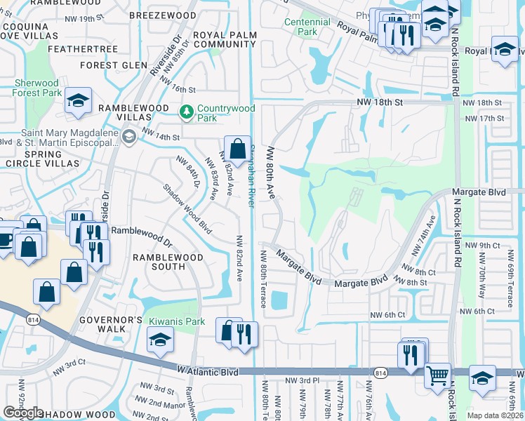 map of restaurants, bars, coffee shops, grocery stores, and more near 8081 Northwest 11th Street in Margate