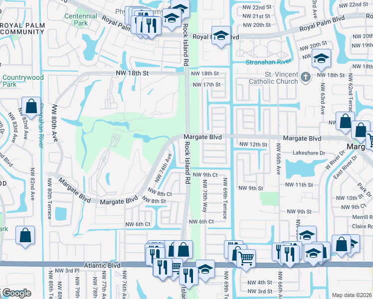 map of restaurants, bars, coffee shops, grocery stores, and more near 1145 Rock Island Road in Margate