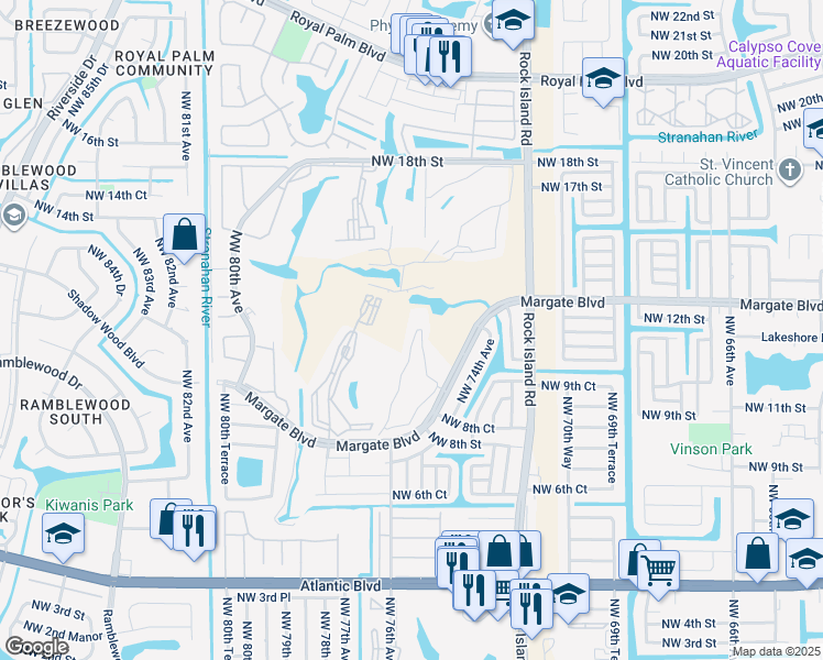 map of restaurants, bars, coffee shops, grocery stores, and more near 627 Golf Circle Drive in Margate