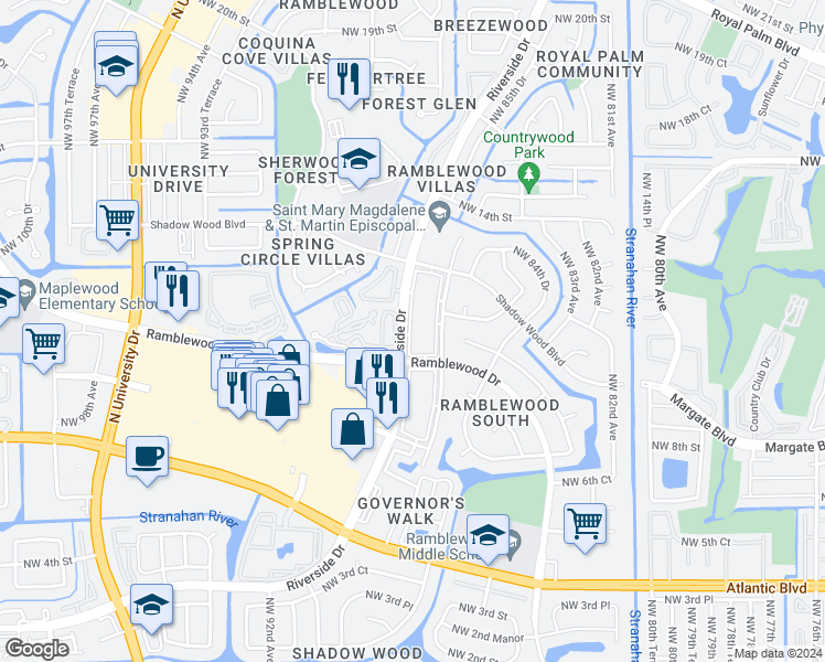 map of restaurants, bars, coffee shops, grocery stores, and more near 1075 Riverside Drive in Coral Springs