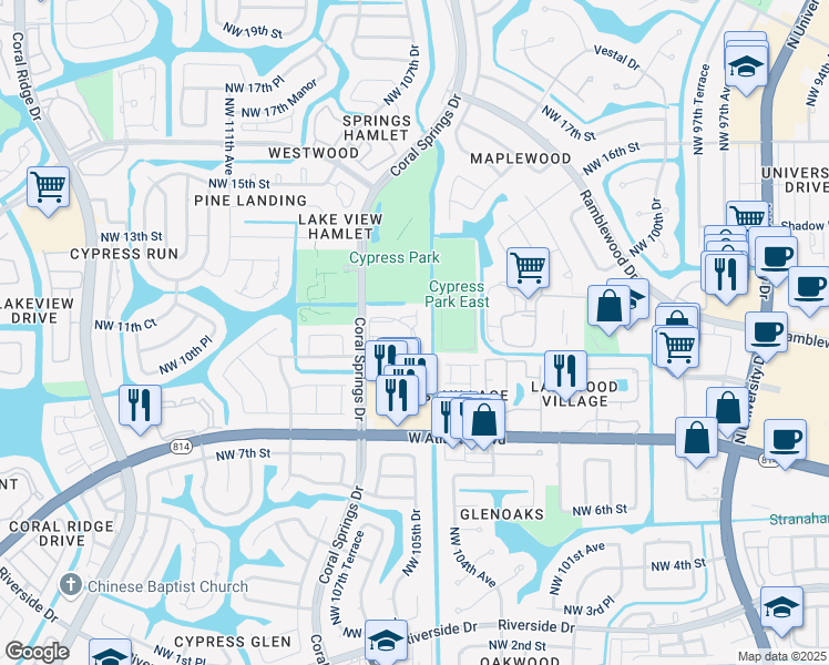 map of restaurants, bars, coffee shops, grocery stores, and more near 1054 Coral Club Drive in Coral Springs