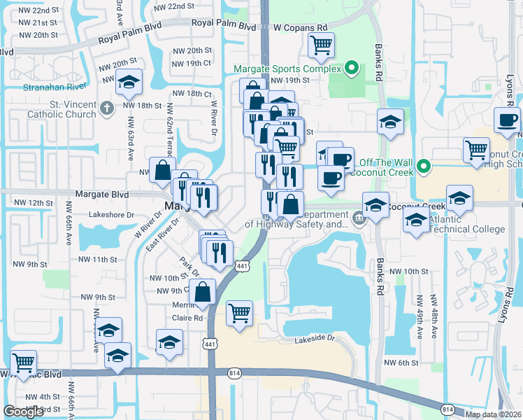 map of restaurants, bars, coffee shops, grocery stores, and more near 1303 North State Road 7 in Margate