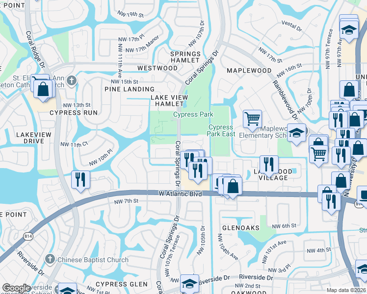 map of restaurants, bars, coffee shops, grocery stores, and more near 1083 Coral Club Drive in Coral Springs