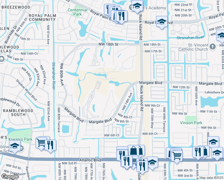 map of restaurants, bars, coffee shops, grocery stores, and more near 627 Golf Circle Drive in Margate