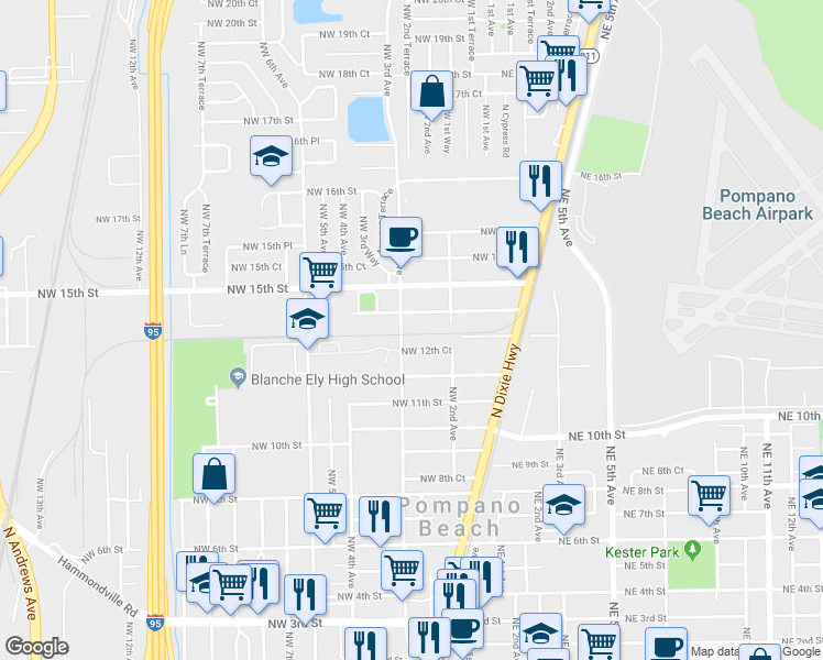 map of restaurants, bars, coffee shops, grocery stores, and more near 1298 Northwest 3rd Avenue in Pompano Beach