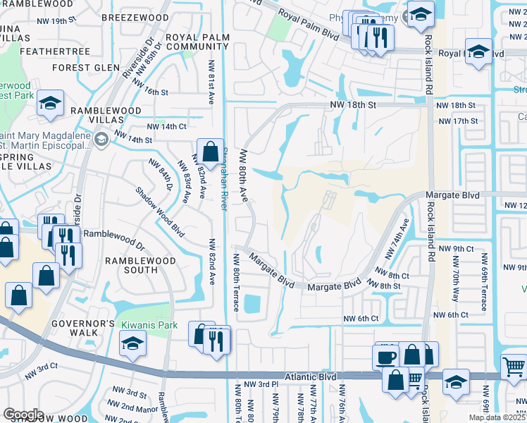 map of restaurants, bars, coffee shops, grocery stores, and more near 1110 Northwest 80th Avenue in Margate