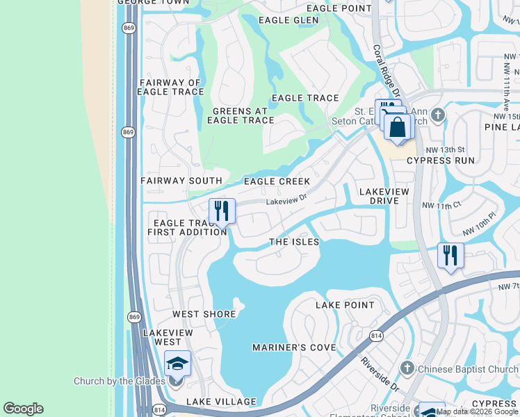 map of restaurants, bars, coffee shops, grocery stores, and more near 1050 Northwest 121st Terrace in Coral Springs