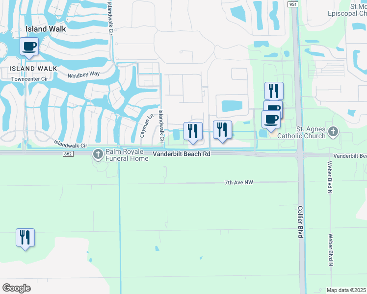 map of restaurants, bars, coffee shops, grocery stores, and more near 7020 Ambrosia Lane in Naples