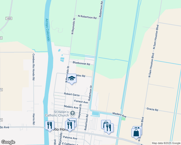 map of restaurants, bars, coffee shops, grocery stores, and more near 1001 North Robertson Road in Rio Hondo