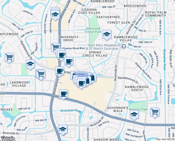 map of restaurants, bars, coffee shops, grocery stores, and more near 9135 Ramblewood Drive in Coral Springs