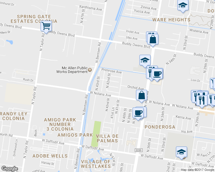 map of restaurants, bars, coffee shops, grocery stores, and more near North 42nd Street in McAllen