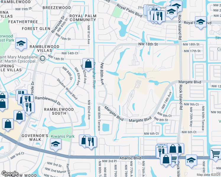 map of restaurants, bars, coffee shops, grocery stores, and more near 1110 Northwest 80th Avenue in Margate