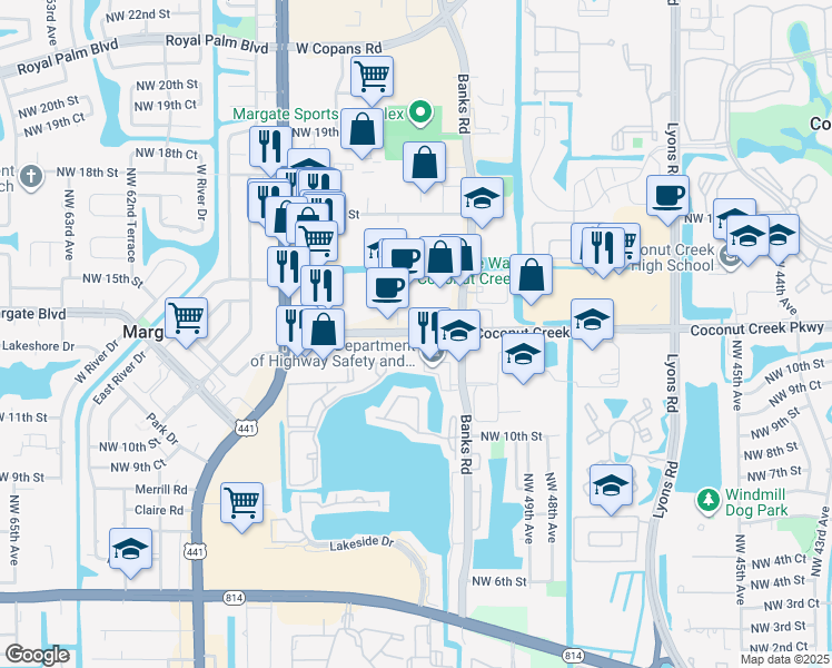 map of restaurants, bars, coffee shops, grocery stores, and more near 5084 Coconut Creek Parkway in Margate
