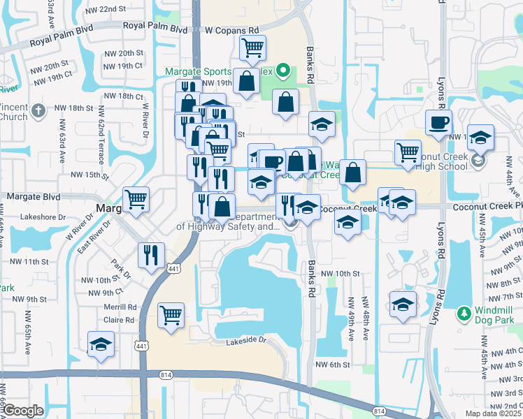 map of restaurants, bars, coffee shops, grocery stores, and more near 5084 Coconut Creek Parkway in Margate