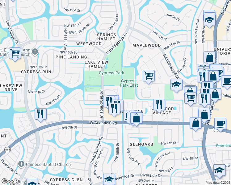 map of restaurants, bars, coffee shops, grocery stores, and more near 1054 Coral Club Drive in Coral Springs