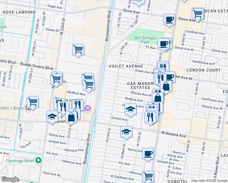 map of restaurants, bars, coffee shops, grocery stores, and more near 1606 Redbud Avenue in McAllen