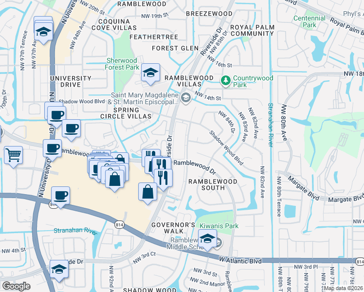 map of restaurants, bars, coffee shops, grocery stores, and more near 1075 Riverside Drive in Coral Springs