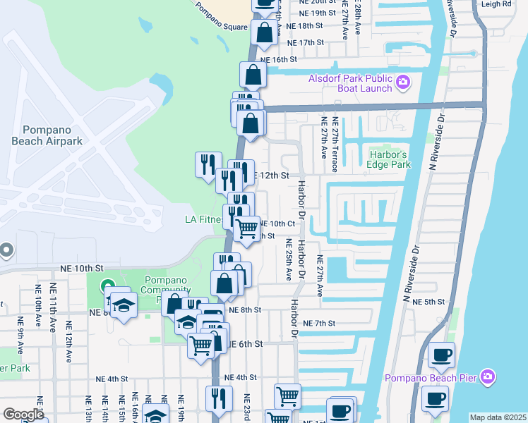 map of restaurants, bars, coffee shops, grocery stores, and more near 1021 Northeast 24th Avenue in Pompano Beach