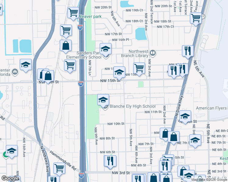 map of restaurants, bars, coffee shops, grocery stores, and more near 670 Northwest 14th Street in Pompano Beach