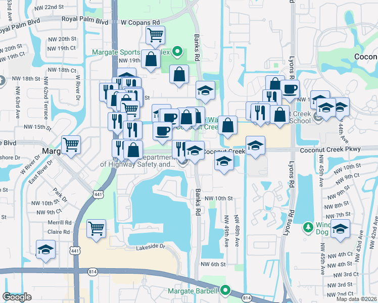 map of restaurants, bars, coffee shops, grocery stores, and more near 1149 Banks Road in Margate
