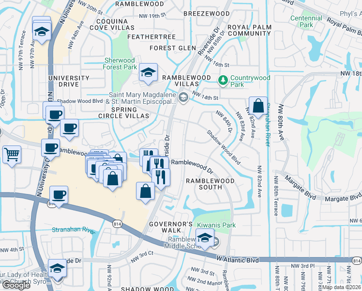 map of restaurants, bars, coffee shops, grocery stores, and more near 1067 Northwest 87th Avenue in Coral Springs