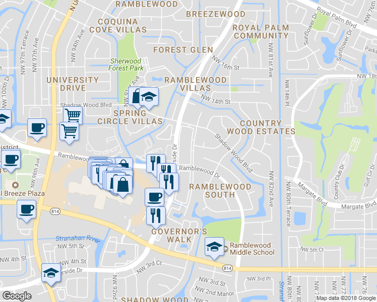 map of restaurants, bars, coffee shops, grocery stores, and more near 1075 Riverside Drive in Coral Springs