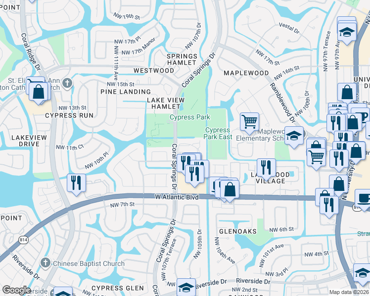 map of restaurants, bars, coffee shops, grocery stores, and more near 1083 Coral Club Drive in Coral Springs