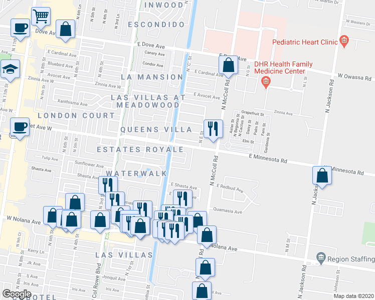 map of restaurants, bars, coffee shops, grocery stores, and more near 4616 North D Street in McAllen