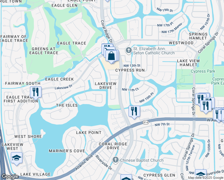 map of restaurants, bars, coffee shops, grocery stores, and more near 1047 Northwest 116th Avenue in Coral Springs