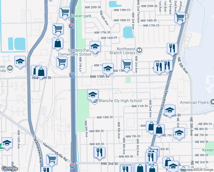 map of restaurants, bars, coffee shops, grocery stores, and more near 670 Northwest 14th Street in Pompano Beach