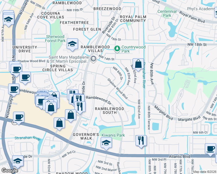 map of restaurants, bars, coffee shops, grocery stores, and more near 8512 Northwest 11th Street in Coral Springs