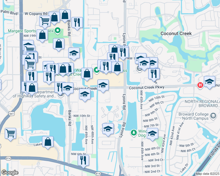map of restaurants, bars, coffee shops, grocery stores, and more near 4828 Coconut Creek Parkway in Coconut Creek
