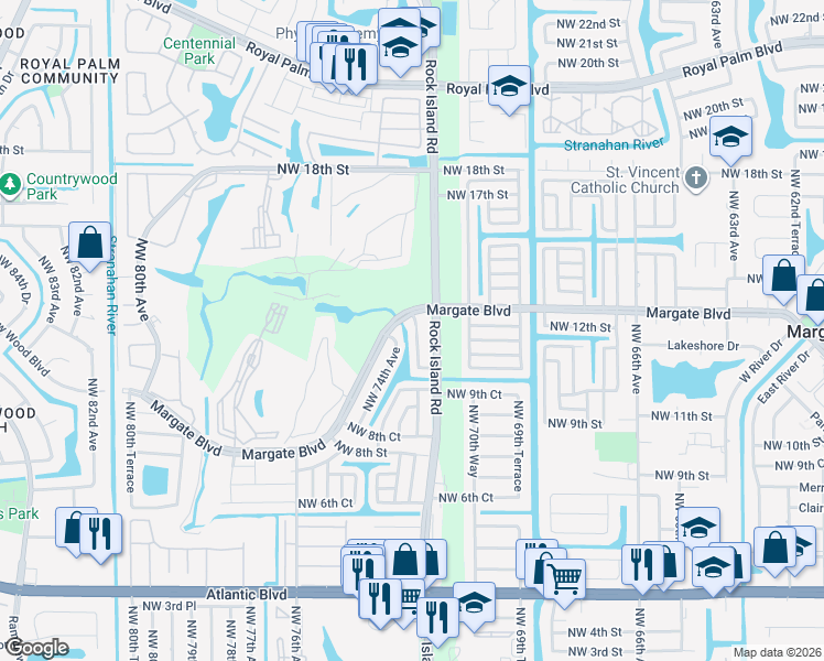 map of restaurants, bars, coffee shops, grocery stores, and more near 1185 Northwest 74th Avenue in Margate