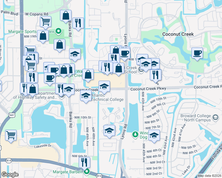 map of restaurants, bars, coffee shops, grocery stores, and more near 4828 Coconut Creek Parkway in Coconut Creek