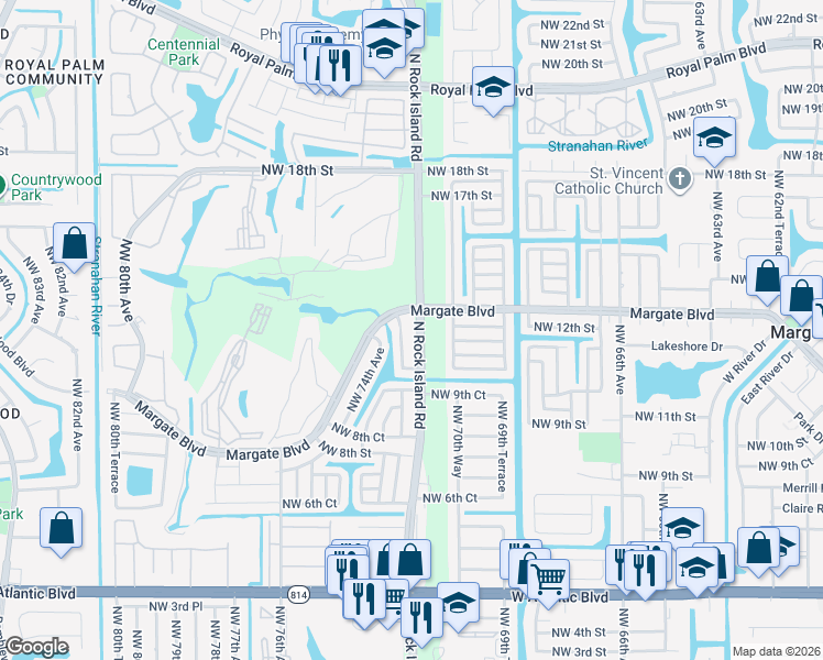 map of restaurants, bars, coffee shops, grocery stores, and more near 1145 Rock Island Road in Margate