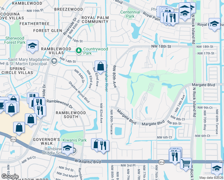 map of restaurants, bars, coffee shops, grocery stores, and more near 1051 Northwest 80th Terrace in Margate