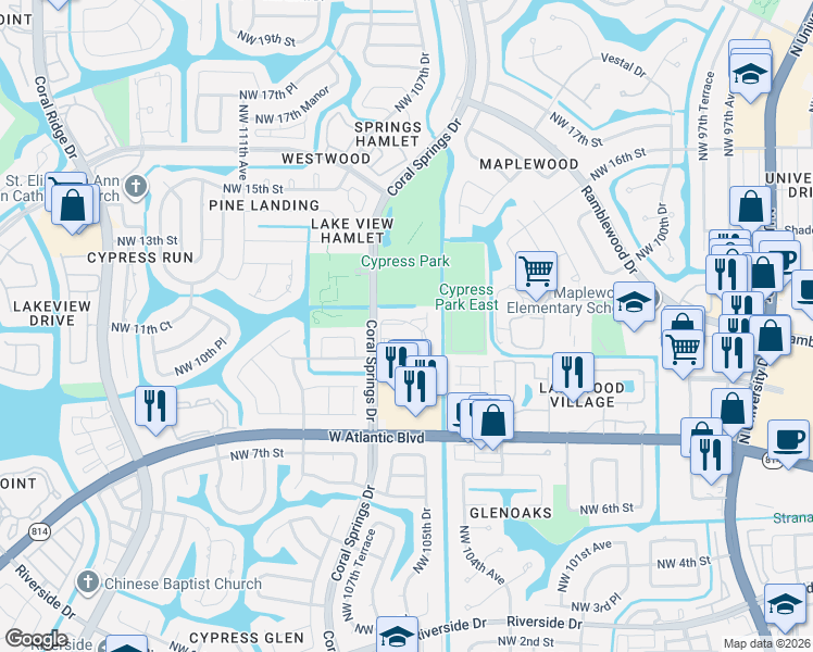 map of restaurants, bars, coffee shops, grocery stores, and more near 1083 Coral Club Drive in Coral Springs