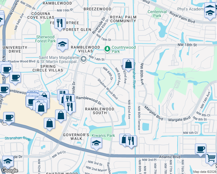 map of restaurants, bars, coffee shops, grocery stores, and more near 8398 Shadow Wood Boulevard in Coral Springs