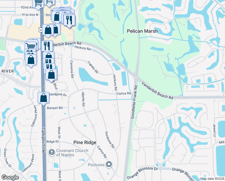 map of restaurants, bars, coffee shops, grocery stores, and more near 696 Hickory Road in Naples