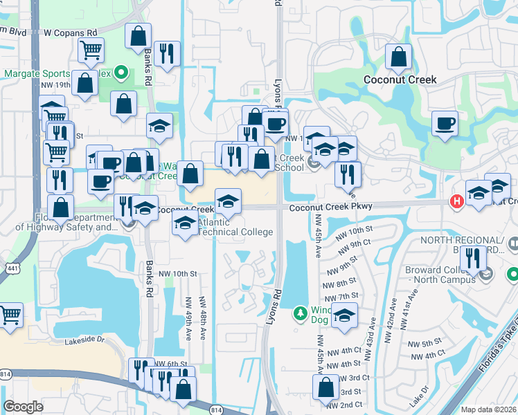 map of restaurants, bars, coffee shops, grocery stores, and more near 4600 Coconut Creek Parkway in Coconut Creek